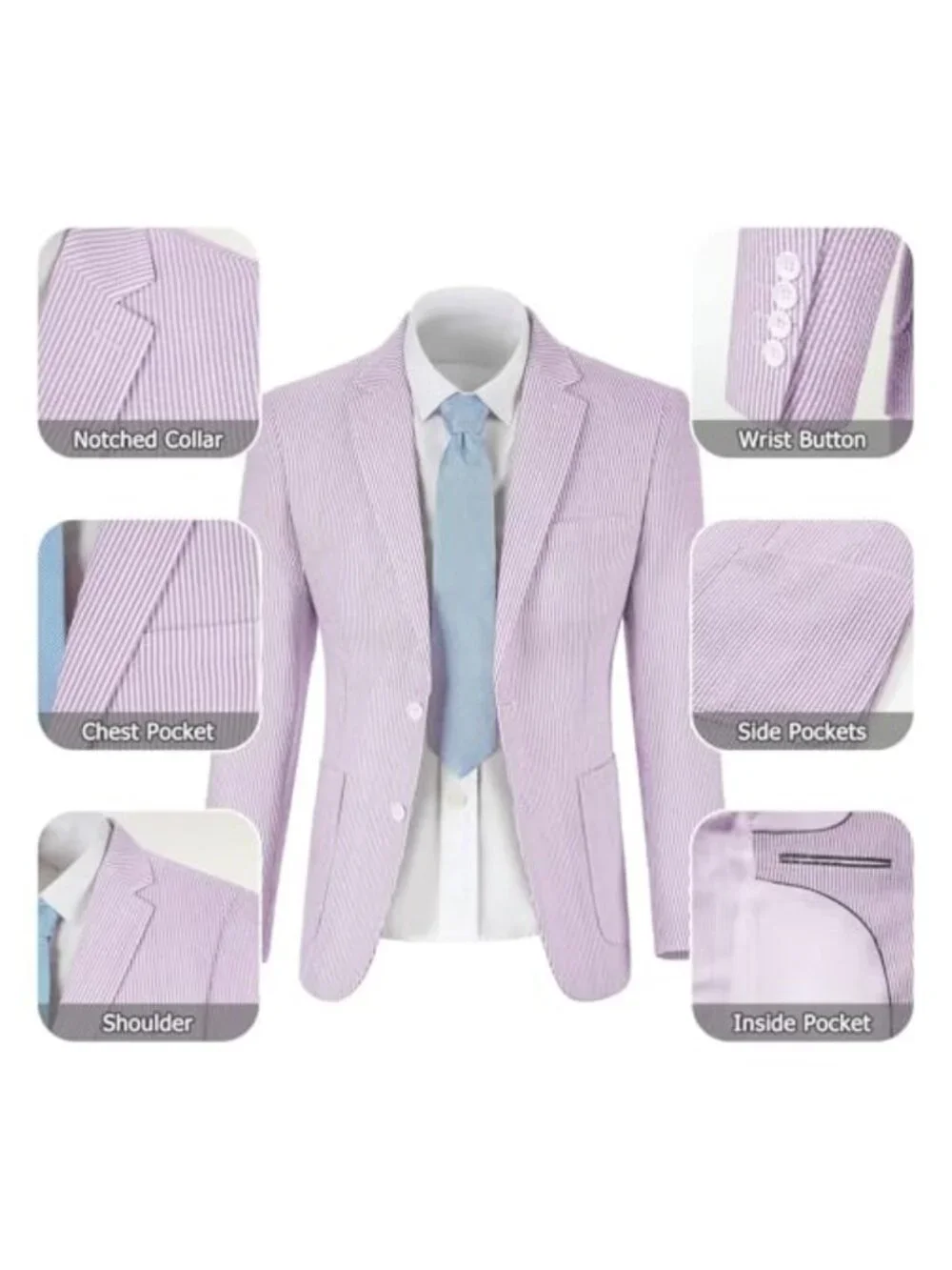 Seersucker Mens 2 Piece Slim Suit Set Lightweight Summer Blazer & Pant